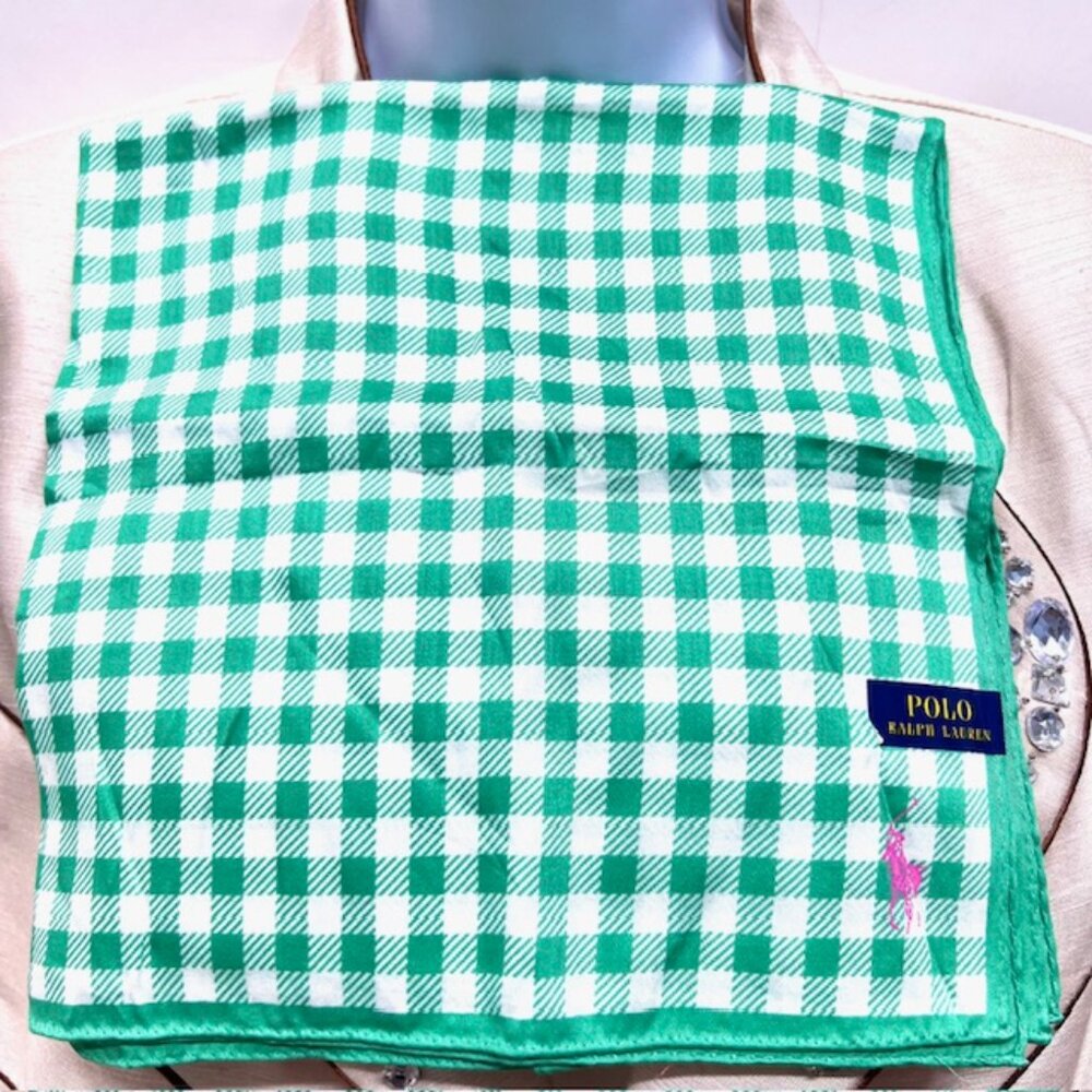 New Polo Ralp Raurent Mini Scarf/Handkerchief  cotton 20"  Green wihte check(89 - Picture 6 of 12
